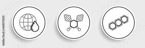 Set line Honeycomb, map of the world and dipper stick icon. Vector