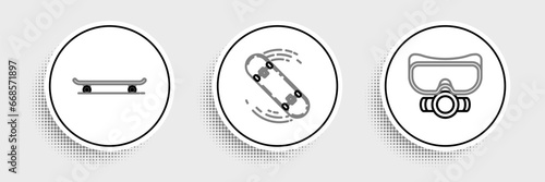 Set line Diving mask, Skateboard and trick icon. Vector