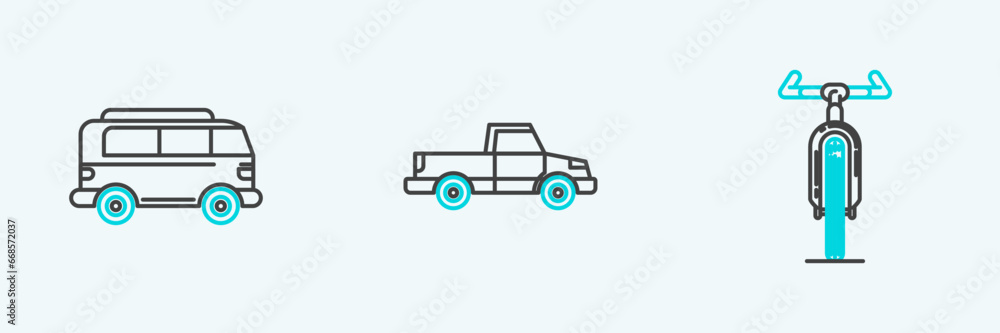 Set line Bicycle, Retro minivan and Pickup truck icon. Vector