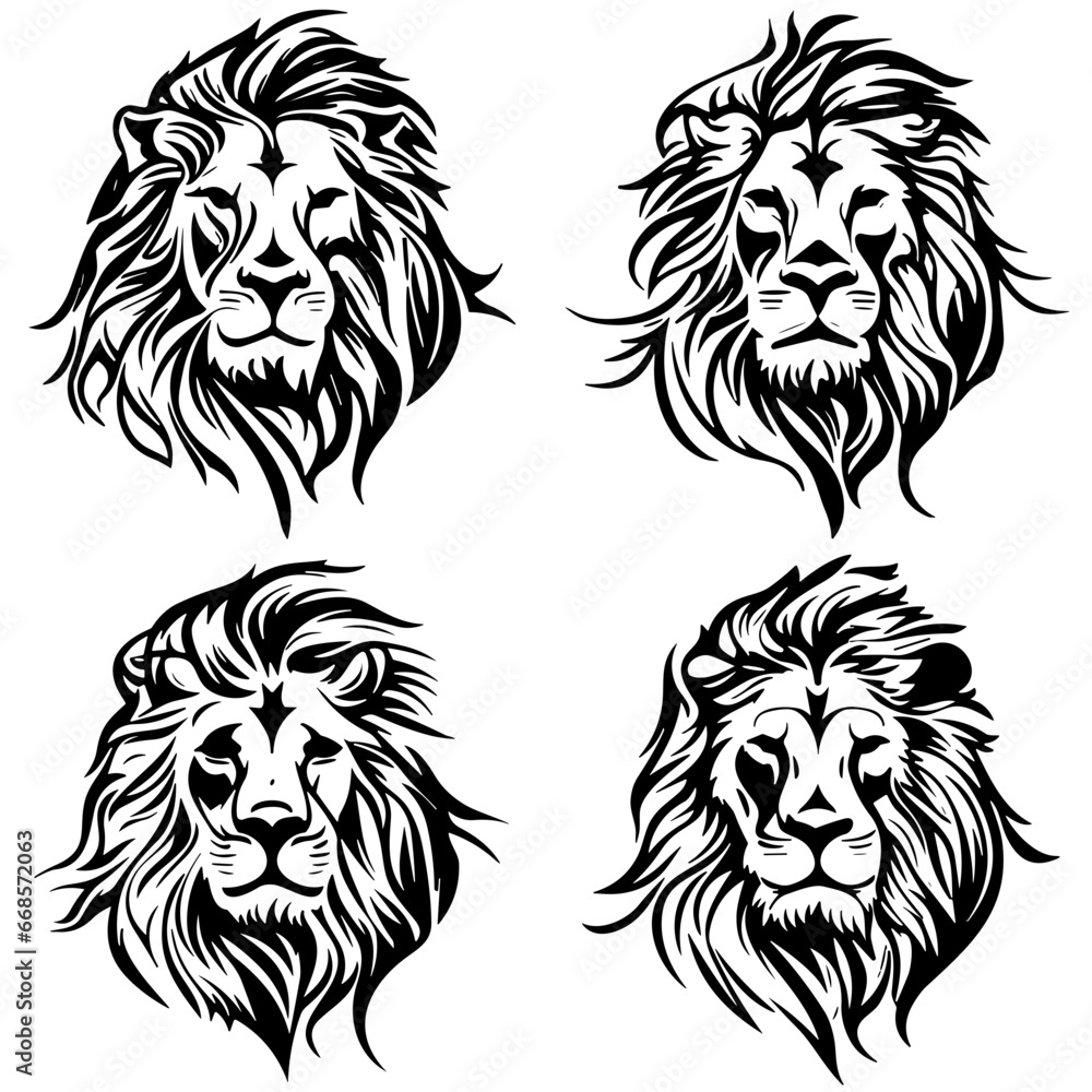 lion, head, vector, animal, tattoo, tiger, wild, cartoon, illustration, cat, mascot, face, mammal, symbol, dog, silhouette, wolf, wildlife, nature, tribal, black, art, animals, power, predator
