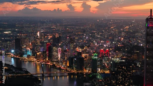 Aerial view of Ho Chi Minh City skyline and skyscrapers in center of heart business at Ho Chi Minh City downtown. Financial and business centers in developed Vietnam.