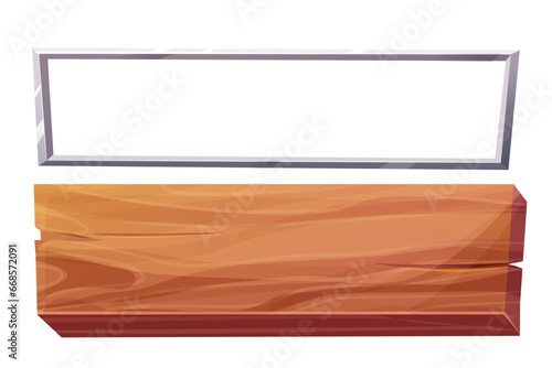 Set Wood panel with metal border, frame menu in cartoon style isolated on white background. Signboard bar, template, game ui background.