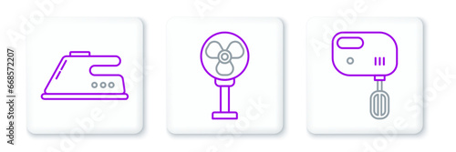 Set line Electric mixer, iron and fan icon. Vector