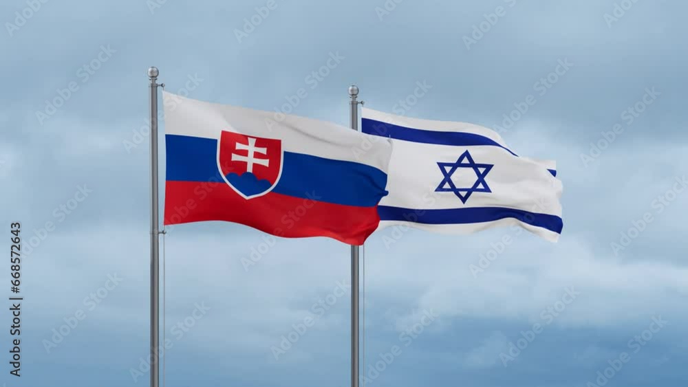 Israel flag and Slovakia flag waving together on cloudy sky, endless seamless loop, two country relations concept Israel flag and Slovakia flag waving together on cloudy sky, endless seamless loop, two country relations concept
