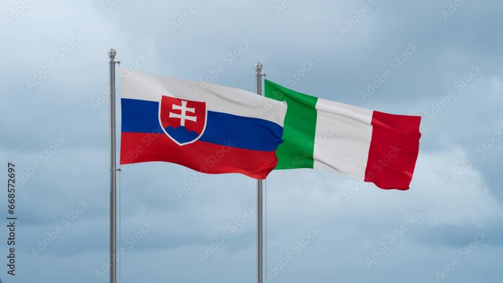 Italy and Slovakia flag waving together on cloudy sky, endless seamless loop, two country cooperation concept Italy and Slovakia flag waving together on cloudy sky, endless seamless loop, two country cooperation concept