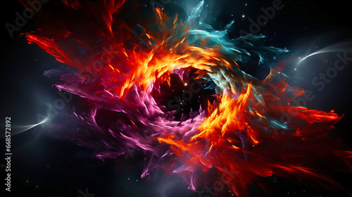 Cosmic Dance of Vibrant Flames: Ethereal Lights and Shadows in a Space Nebula Display.