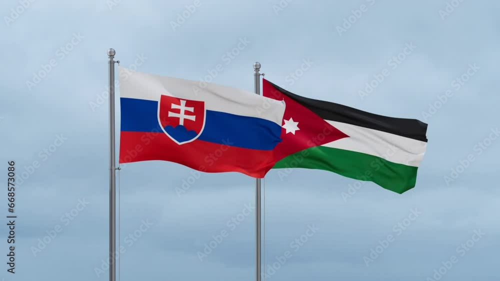 Jordan flag and Slovakia flag waving together on cloudy sky, endless seamless loop, two country relations concept Jordan flag and Slovakia flag waving together on cloudy sky, endless seamless loop, two country relations concept