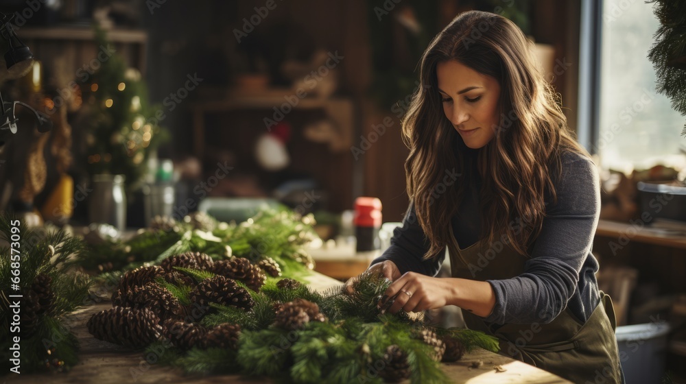 Christmas pine garland. A woman florist makes a pine garland for Christmas. Horizontal banking background for web. Photo AI Generated - obrazy, fototapety, plakaty 