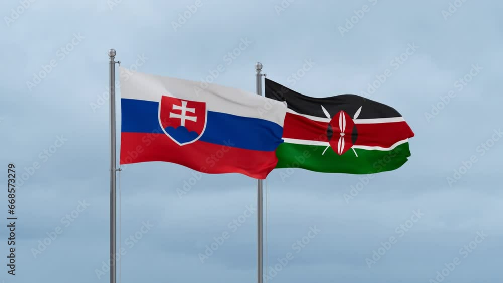 Kenya flag and Slovakia flag waving together on cloudy sky, endless seamless loop, two country relations concept Kenya flag and Slovakia flag waving together on cloudy sky, endless seamless loop, two country relations concept