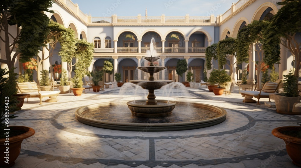 A luxurious courtyard with a central fountain and synchronized water show.