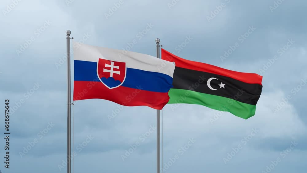Libya and Slovakia flag waving together on cloudy sky, endless seamless loop, two country cooperation concept Libya and Slovakia flag waving together on cloudy sky, endless seamless loop, two country cooperation concept