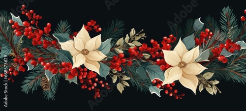Christmas pine garland with red berries, beige flower, dark background flat vector illustration texture. Christmas pine garland. Horizontal banking poster background for ad. Photo AI Generated