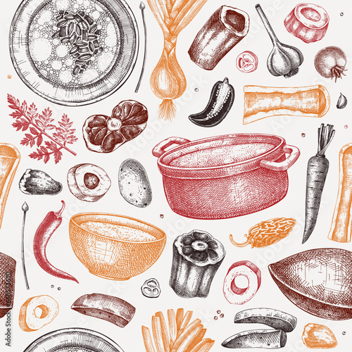 Healthy food background. Marrow bone broth, hot soup served on plates, pans, bowls, vegetables, organ meat, marrow bones sketches. Hand drawn vector illustrations. Homemade food seamless pattern