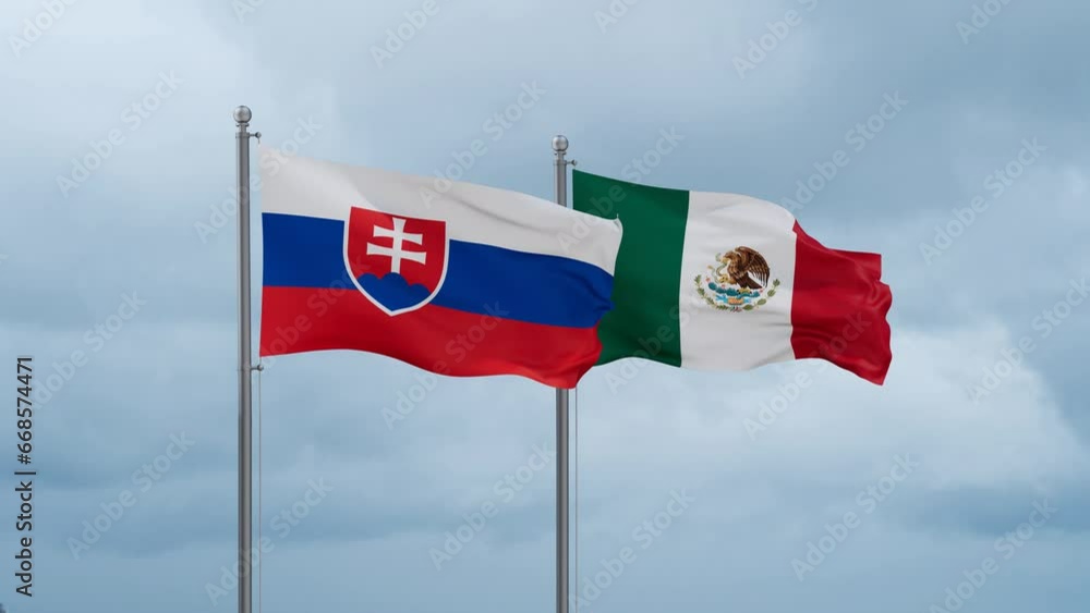Mexico flag and Slovakia flag waving together on cloudy sky, endless seamless loop, two country relations concept Mexico flag and Slovakia flag waving together on cloudy sky, endless seamless loop, two country relations concept