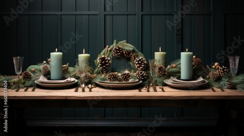 Modern Christmas wreath with candles, pine cones on a rustic wooden table. Christmas blue & green table setting. Horizontal banking background for web. Photo AI Generated