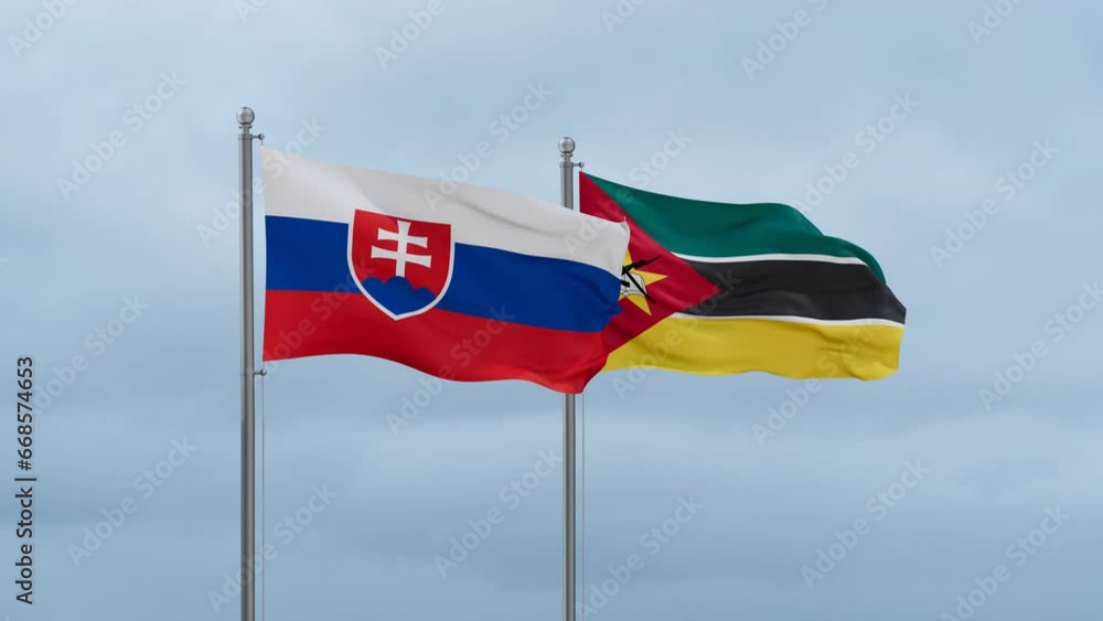 Namibia and Slovakia flag waving together on cloudy sky, endless seamless loop, two country cooperation concept Namibia and Slovakia flag waving together on cloudy sky, endless seamless loop, two country cooperation concept