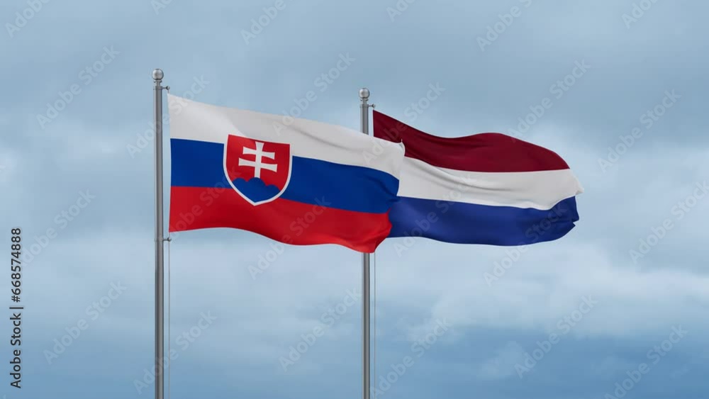 Netherlands flag and Slovakia flag waving together on cloudy sky, endless seamless loop, two country relations concept Netherlands flag and Slovakia flag waving together on cloudy sky, endless seamless loop, two country relations concept