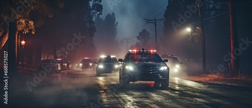 Idea for an action film. On a foggy, dark background, police cars and a miniature movie are displayed. A nighttime pursuit by a police cruiser. accident at the crime scene . photo