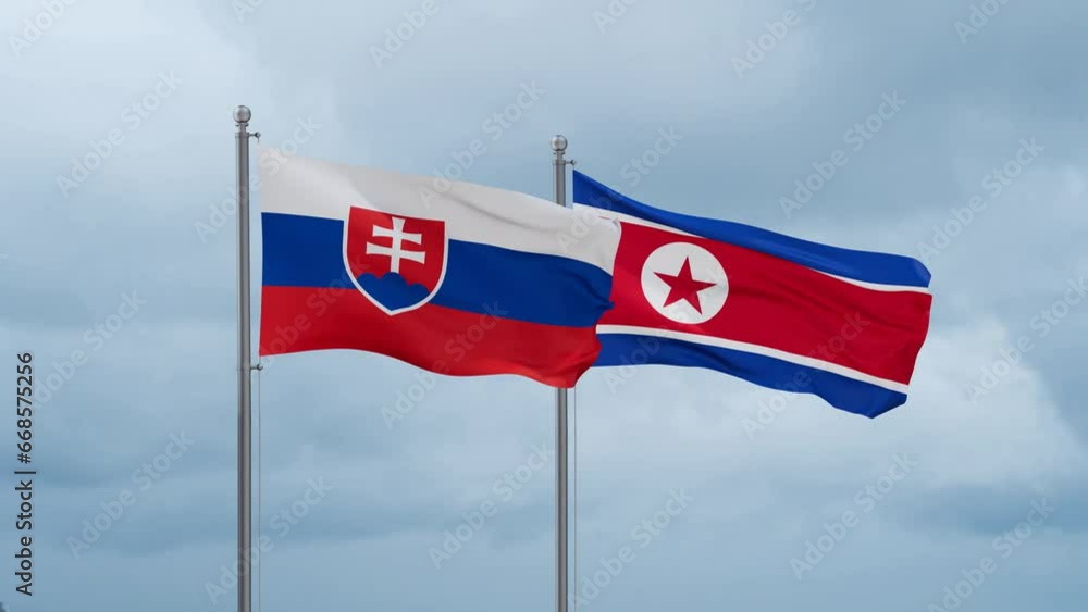 North Korea and Slovakia flag waving together on cloudy sky, endless seamless loop North Korea and Slovakia flag waving together on cloudy sky, endless seamless loop