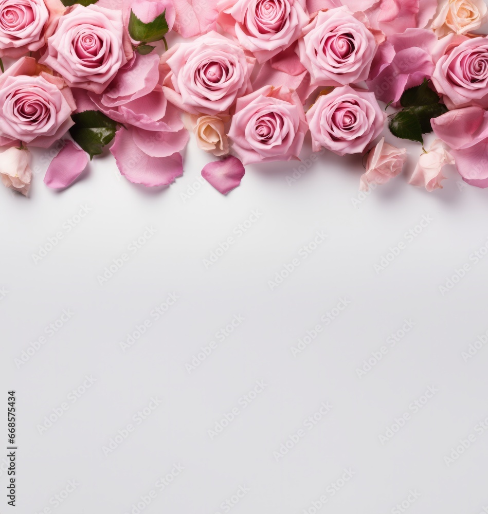 A bunch of pink roses on a white background with copy space. A Beautiful Bouquet of Vibrant Pink Roses Blooming on a Clean White Canvas