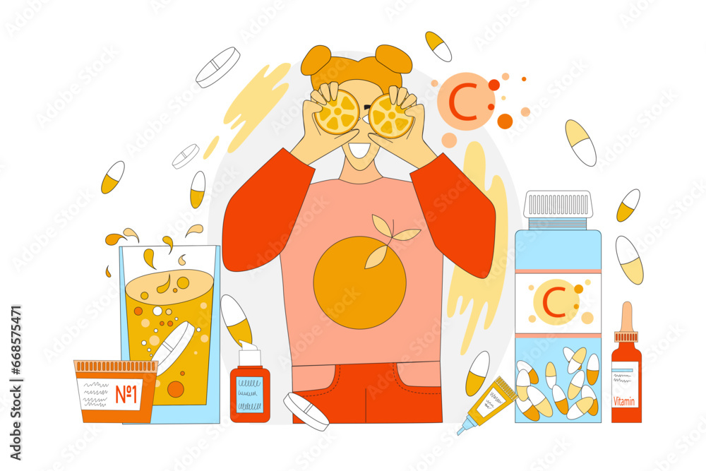 Vector illustration of a girl with oranges in the hands among jars