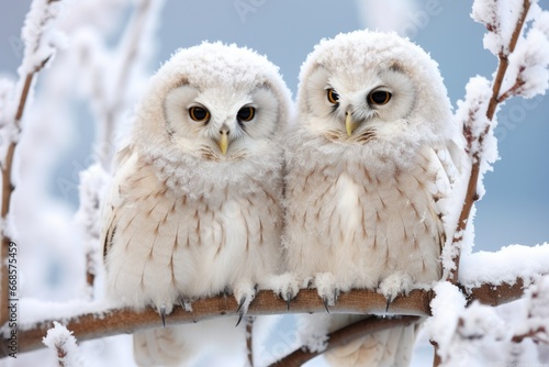 Fluffy winter owls perched on snow-laden branches, observing silently photo