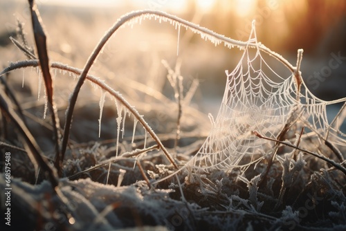 Frost-covered spiderwebs glistening in morning sunlight