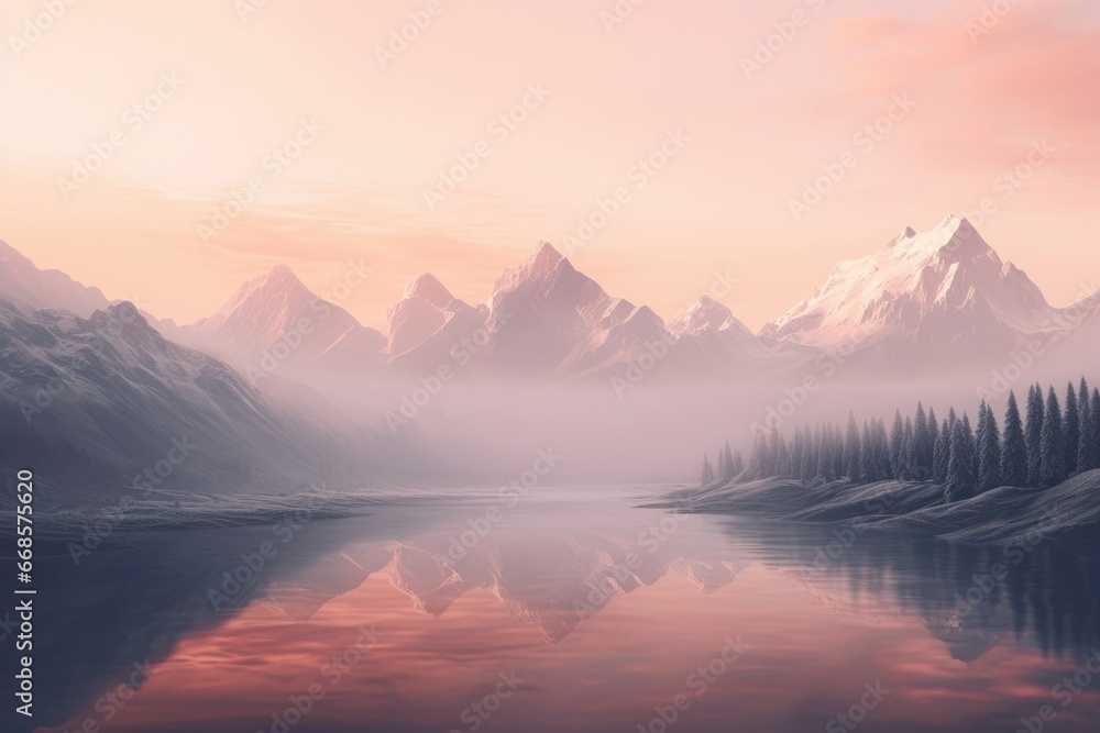 Glistening snow-capped mountain peaks under a pale sunrise.