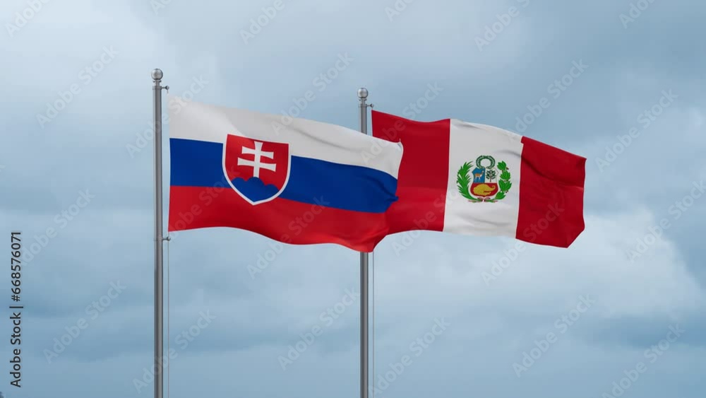 Peru and Slovakia flag waving together on cloudy sky, endless seamless loop, two country cooperation concept Peru and Slovakia flag waving together on cloudy sky, endless seamless loop, two country cooperation concept
