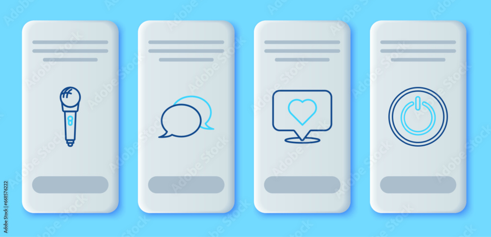 Set line Speech bubble chat, Like and heart, Microphone and Power button icon. Vector Set line Speech bubble chat, Like and heart, Microphone and Power button icon. Vector