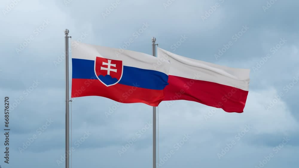 Poland and Slovakia flag waving together on cloudy sky, endless seamless loop, two country cooperation concept Poland and Slovakia flag waving together on cloudy sky, endless seamless loop, two country cooperation concept