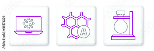 Set line Test tube flask on stand, Bacteria laptop and Chemical formula icon. Vector