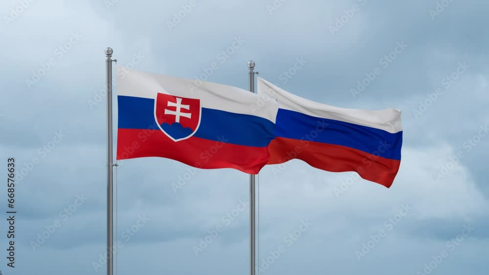 Russian Federation and Slovakia flag waving together on cloudy sky, endless seamless loop Russian Federation and Slovakia flag waving together on cloudy sky, endless seamless loop