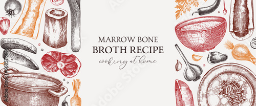 Healthy food background in color. Marrow bone broth banner. Hot soup on plates, pans, bowls, organ meat, vegetables, marrow bones sketches. Hand drawn vector illustrations. Homemade food ingredient