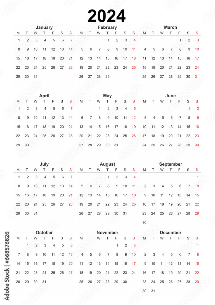 calendar english 2024, simple design element for organizers, planners, diary, agenda calendar english 2024, simple design element for organizers, planners, diary, agenda