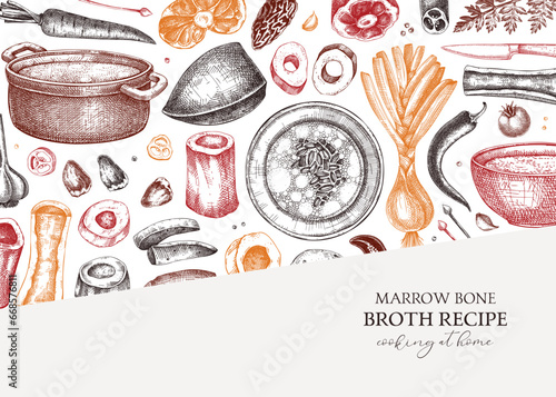 Healthy food background. Marrow bone broth banner. Hot soup on plates, pans, bowls, organ meat, vegetables, marrow bones sketches. Hand drawn vector illustrations. Homemade food ingredient