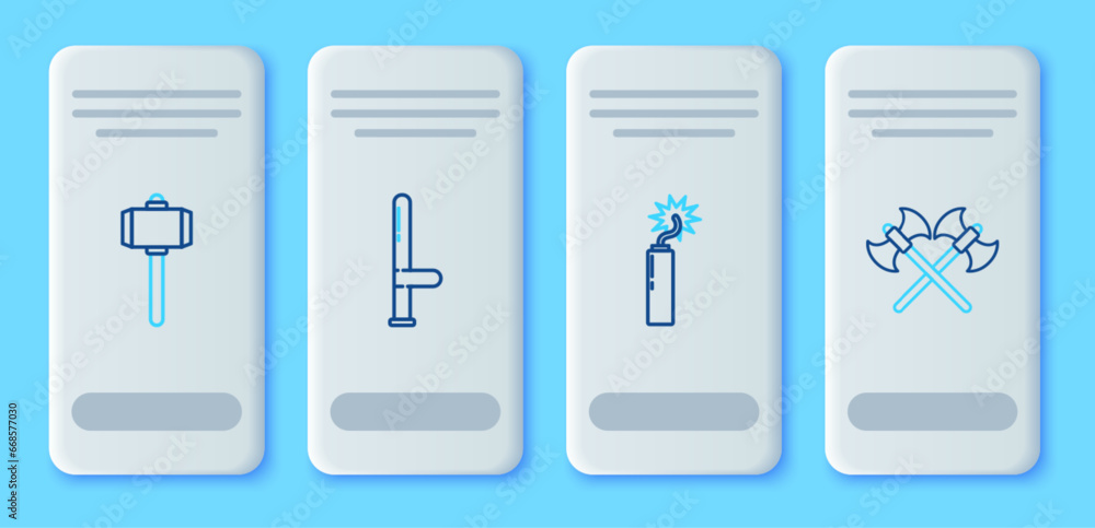 Set line Police rubber baton, Dynamite bomb stick clock, Battle hammer and Crossed medieval axes icon. Vector Set line Police rubber baton, Dynamite bomb stick clock, Battle hammer and Crossed medieval axes icon. Vector