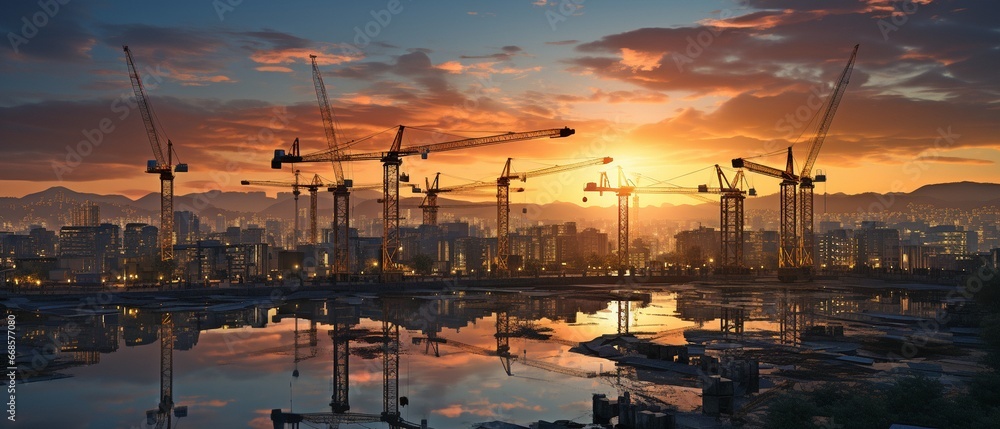 Industrious cranes at dusk.