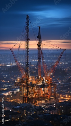 Industrious cranes at dusk.