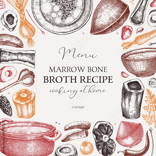 Healthy food background. Marrow bone broth frame. Hot soup on plates, pans, bowls, organ meat, vegetables, marrow bones sketches. Hand drawn vector illustrations. Homemade food ingredient