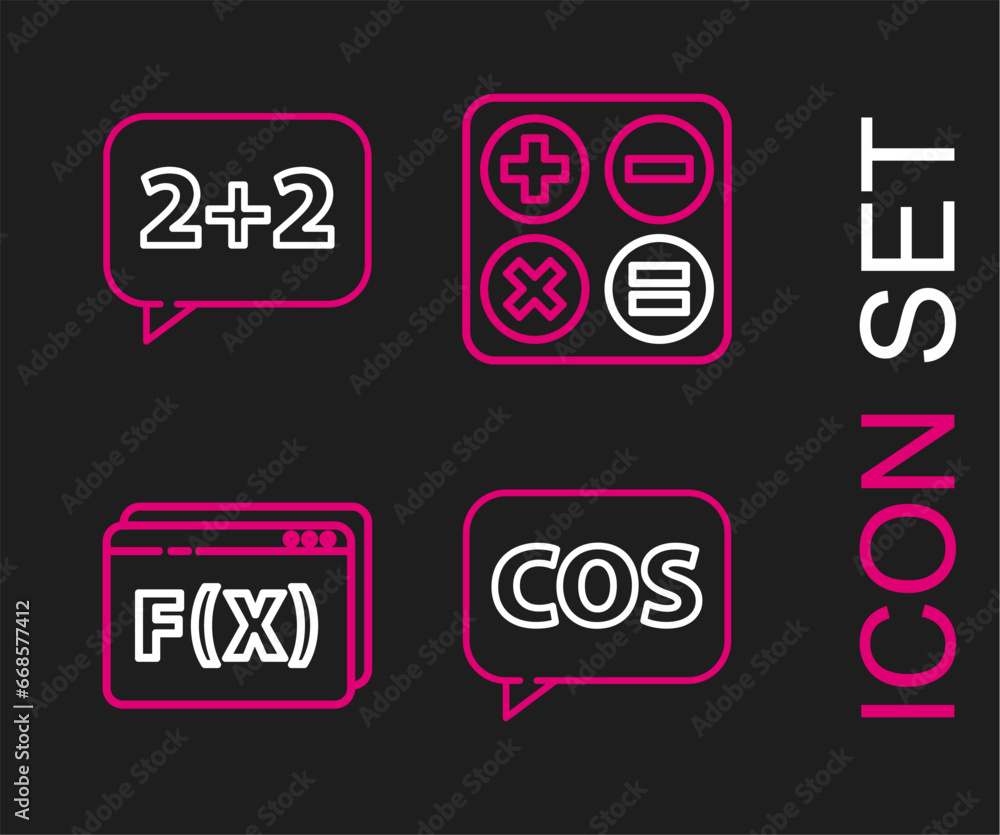 Set line Mathematics function cosine, Function mathematical symbol, Calculator and Equation solution icon. Vector Set line Mathematics function cosine, Function mathematical symbol, Calculator and Equation solution icon. Vector