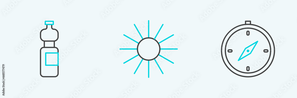 Set line Compass, Bottle of water and Sun icon. Vector Set line Compass, Bottle of water and Sun icon. Vector