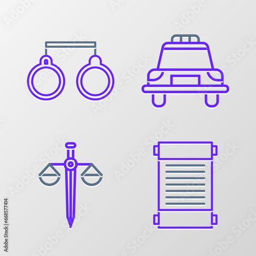 Set line Decree, paper, parchment, scroll, Scales of justice, Police car and flasher and Handcuffs icon. Vector