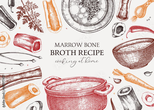 Healthy food background in color. Marrow bone broth banner. Hot soup on plates, pans, bowls, organ meat, vegetables, marrow bones sketches. Hand drawn vector illustrations. Homemade food ingredient