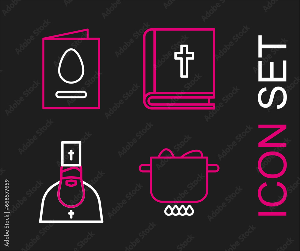 Set line Egg in hot pot, Priest, Holy bible book and Greeting card with Happy Easter icon. Vector Set line Egg in hot pot, Priest, Holy bible book and Greeting card with Happy Easter icon. Vector
