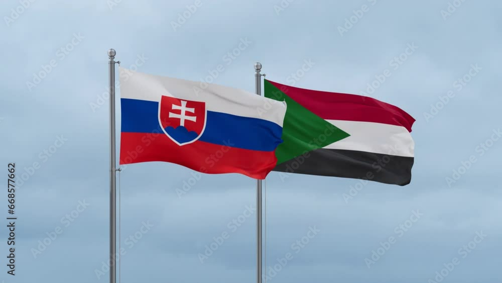 Sudan and Slovakia flag waving together on cloudy sky, endless seamless loop, two country cooperation concept Sudan and Slovakia flag waving together on cloudy sky, endless seamless loop, two country cooperation concept