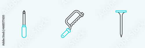 Set line Metallic nail, Screwdriver and Hacksaw icon. Vector