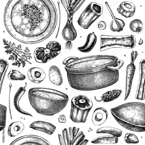 Healthy food set. Marrow bone broth, hot soup served on plates, pans, bowls, vegetables, organ meat, marrow bones sketches. Hand drawn vector illustrations. Homemade food menu design elements