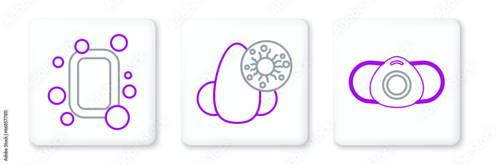 Set line Medical protective mask, Bar of soap and Runny nose and virus icon. Vector Set line Medical protective mask, Bar of soap and Runny nose and virus icon. Vector
