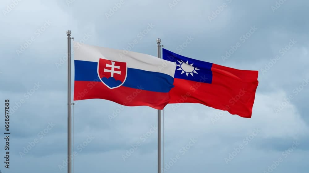 Taiwan and Slovakia flag waving together on cloudy sky, endless seamless loop, two country cooperation concept Taiwan and Slovakia flag waving together on cloudy sky, endless seamless loop, two country cooperation concept